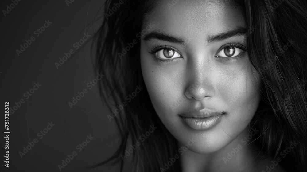 Black and white monochrome portrait of a ethnically mixed woman with a captivating smile.