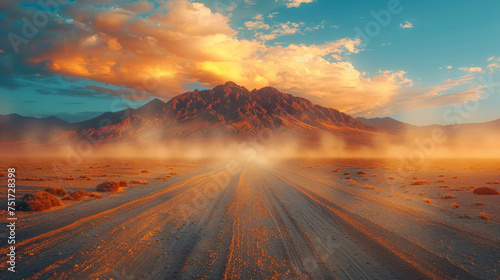 Safari and travel to Africa, extreme adventures or science expedition in a stone desert. Sahara desert at sunrise, mountain landscape with dust on skyline, hills and traces of the off-road car. © Matthew