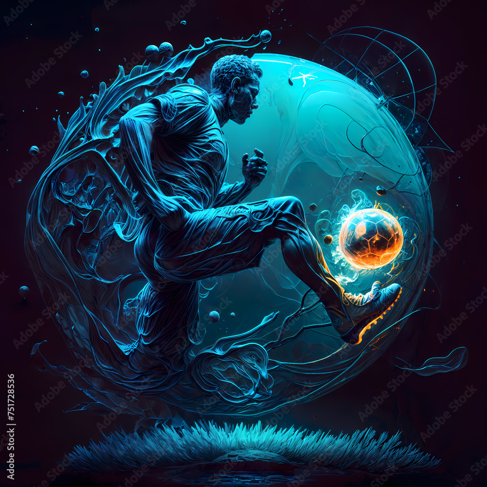 Soccer player kicking a burning glowing soccer ball and surrounded by a blue orb on black background - obrazy, fototapety, plakaty 