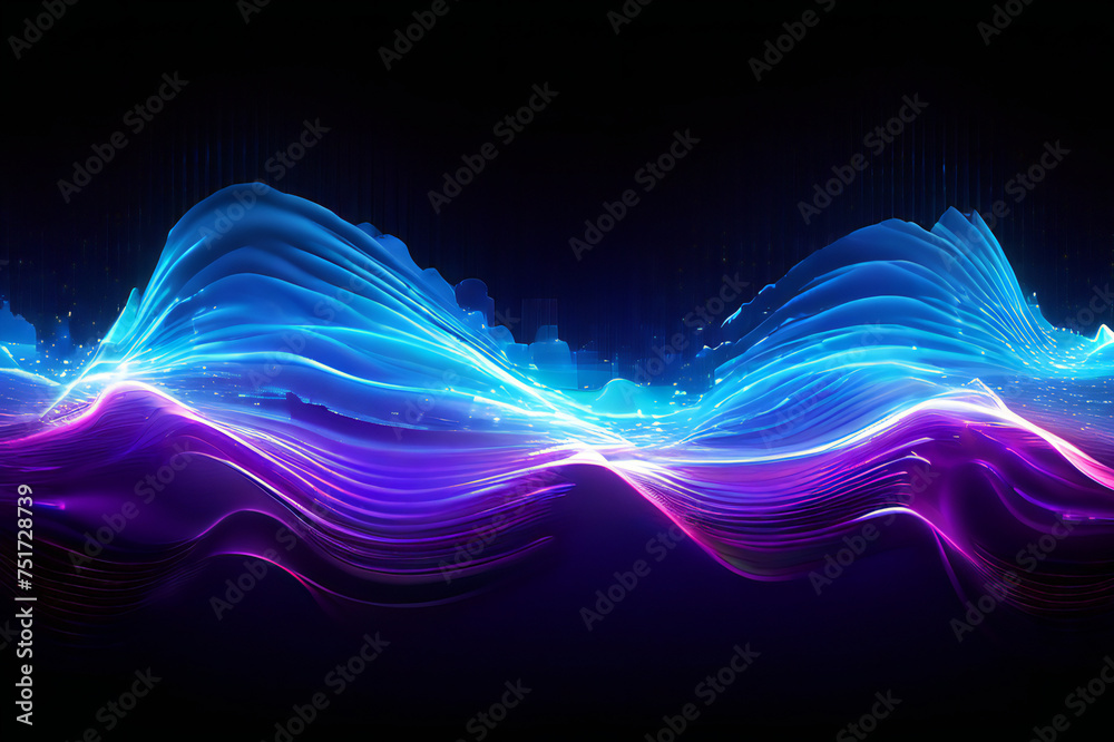 Abstract digital particle waves undulate in neon blue, white, and purple colors. - obrazy, fototapety, plakaty 