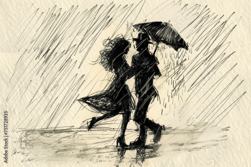 A sketch of a couple dancing in the rain with an umbrella