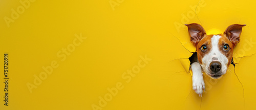 A single alert eye of a dog peeking through torn yellow paper illustrates curiosity and vigilance in a humorous way