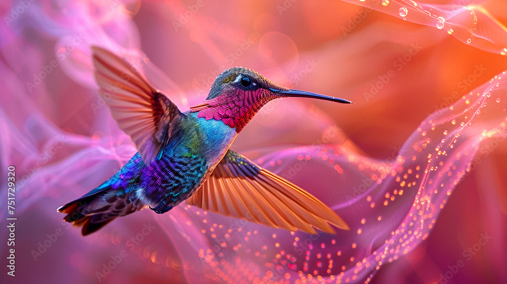 A hummingbird hovering over silkcovered land its vibrant colors captured with photographic precision in a macro creative poster