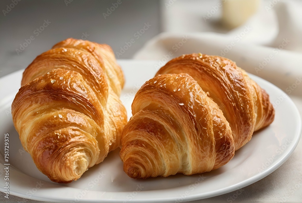 Two delicious fresh croissants on a white plate. Morning French breakfast with fresh pastries