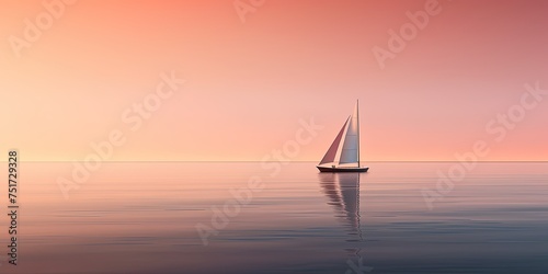 Minimalistic scene of a single sailboat in vast calm waters, under a dusky sky with a serene horizon