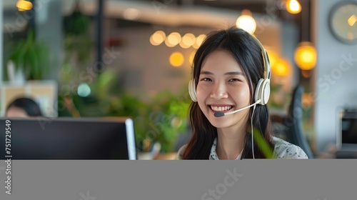 Asian businesswoman excelling in customer service, donning a headset and working with a computer. Elevate your business support with our diverse and professional team!