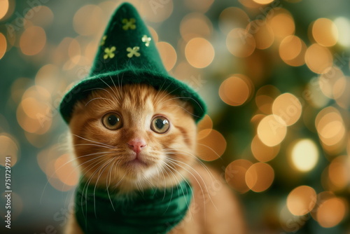 Portrait of a small kitty in a green hat on a festive green background with bokeh lights. Small ginger kitten in a green leprechaun hat. Saint Patrick's Day concept. St Patrick Day themed pet photo