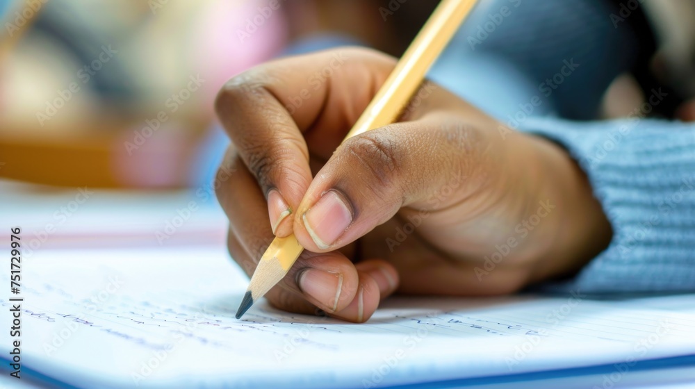 Close-up of a Hand Writing on a Piece of Paper with a Pencil, Blurred Background, Focus on Pencil Tip Close-up of a Hand Writing on a Piece of Paper with a Pencil, Blurred Background, Focus on Pencil Tip