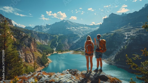 Two People Standing on Top of a Mountain Overlooking a Lake