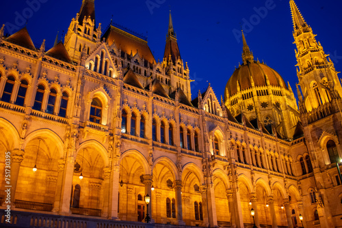 Parliament building illuminated at night in Budapest, Hungary