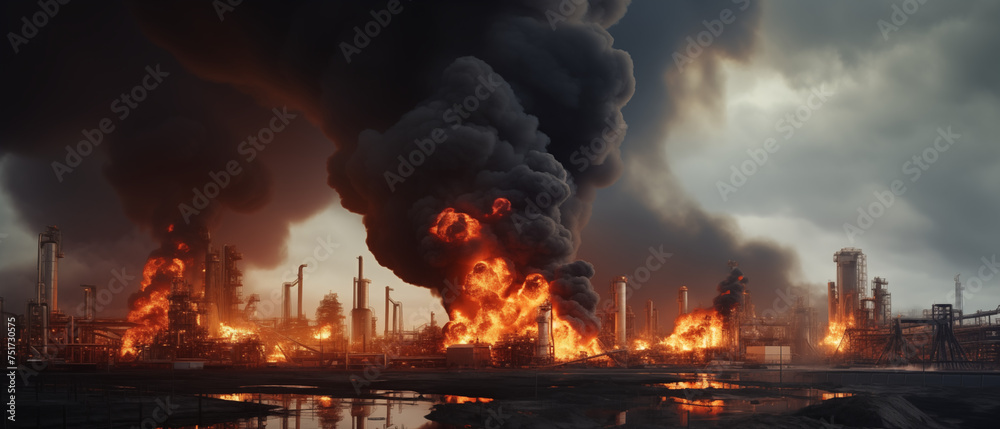A catastrophic fire consumes an industrial facility under a somber dusk ...