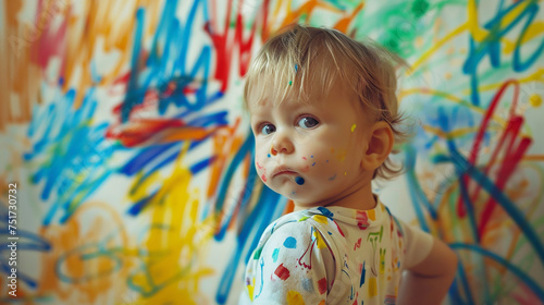 Child painted the walls of the apartment with felt-tip pens and multi-colored paints.  photo
