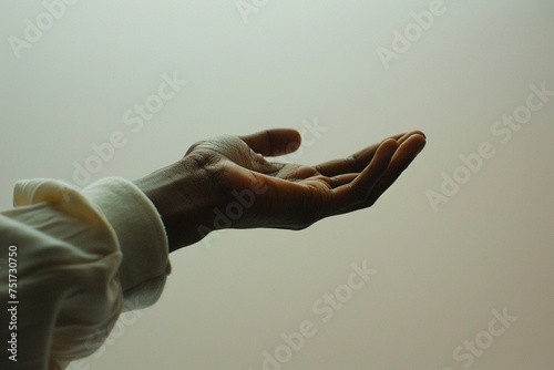 A person s hand delicately reaching out against a clean white backdrop  echoing feminine contours with style