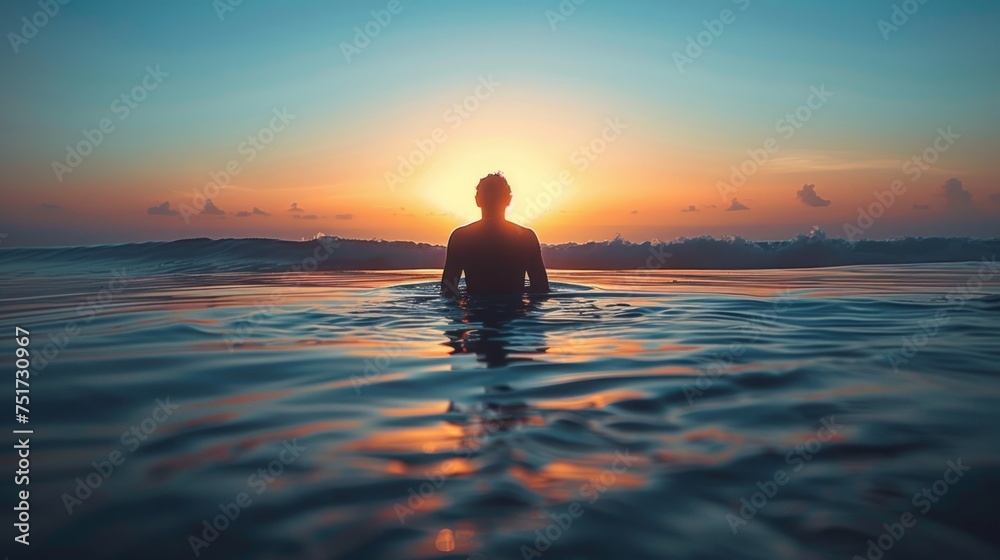 Person Sitting on Surfboard in Ocean at Sunset
