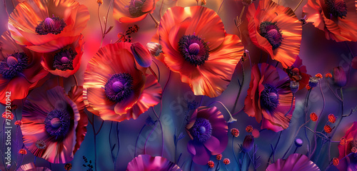 Scarlet poppies on a holographic backdrop  a vibrant burst of color on 3D leather  viewed from a top-down angle.