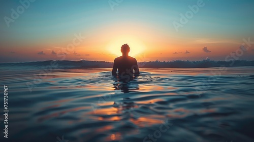 Person Sitting on Surfboard in Ocean at Sunset © olegganko