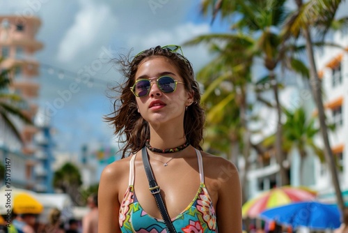 Delve into the vibrant energy of Miami's summer scene as a captivating tourist woman takes center stage, her radiant presence adding a touch of glamour to this picturesque travel moment © Martin