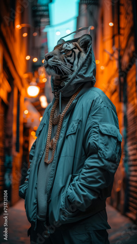 Trendsetting tiger in a bomber jacket, accessorized with gold chains, against a graffiti-filled alley backdrop, lit with streetlamp glow, exuding urban sophistication and edge