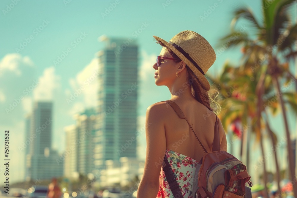 Embark on a visual journey as a stunning tourist woman walks gracefully towards the camera against the vibrant backdrop of Miami, capturing the essence of summer travel
