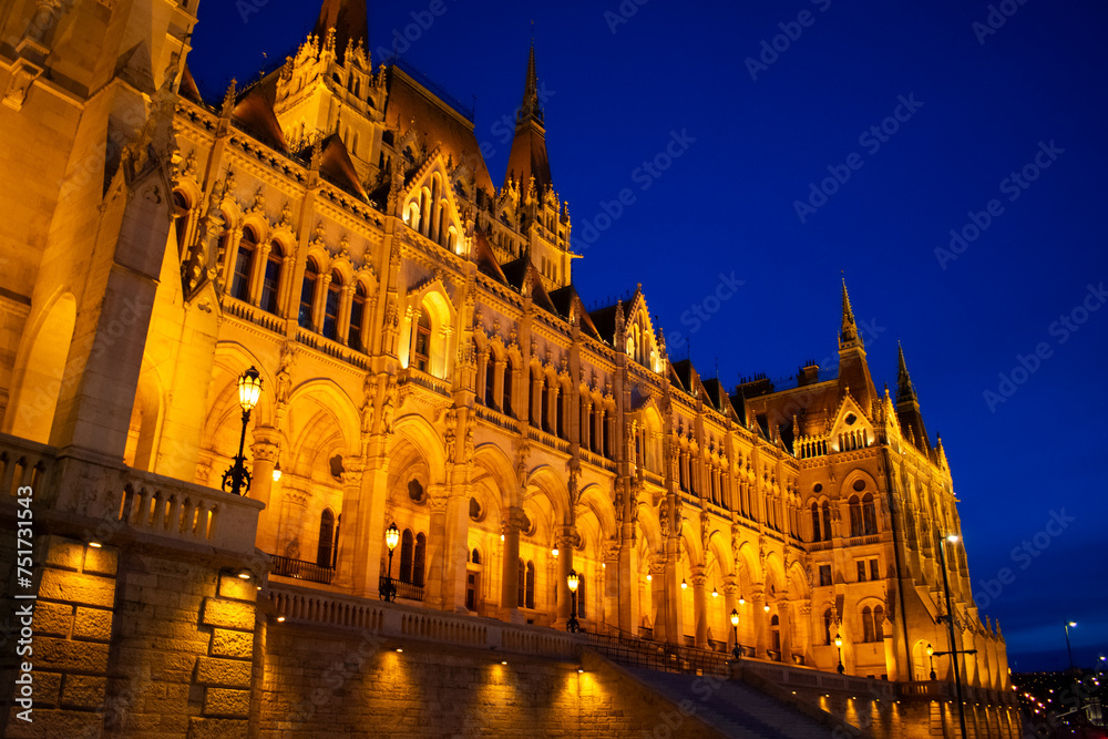 Parliament building illuminated at night in Budapest, Hungary