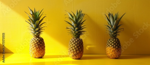 Three ripe pineapples are arranged neatly on a vibrant yellow surface
