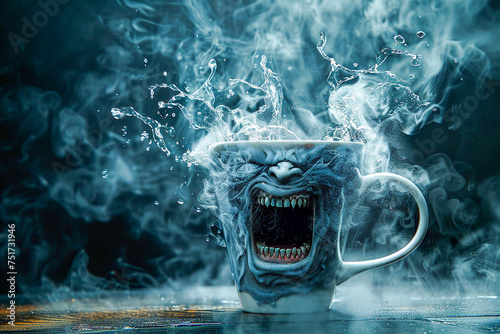 An angry teacup steaming with fury overflowing with tea its mouth open in a silent scream a piece of magical realism photo