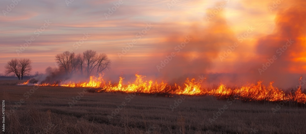 Intense raging fire blazing across vast open field at night