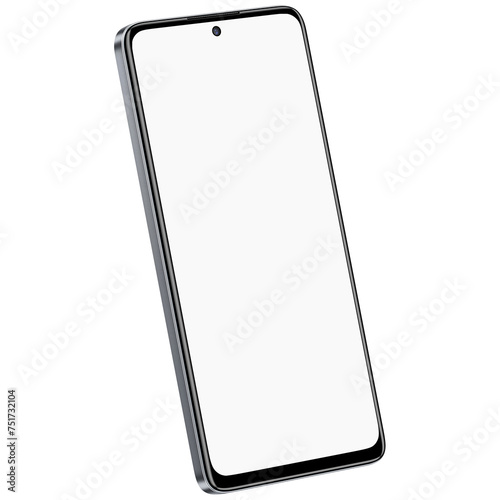 Isometric style photo of silver smartphone similar to android device without background. Template for mockup photo