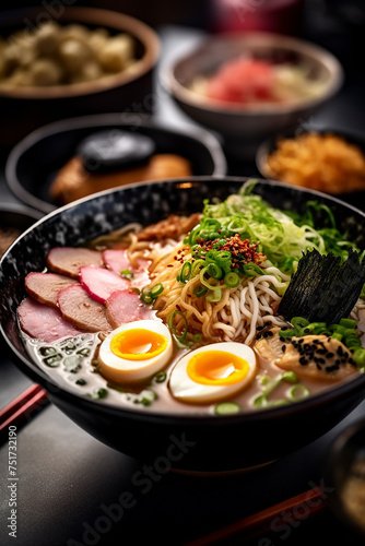 A bowl of ramen with eggs, meat, and vegetables.