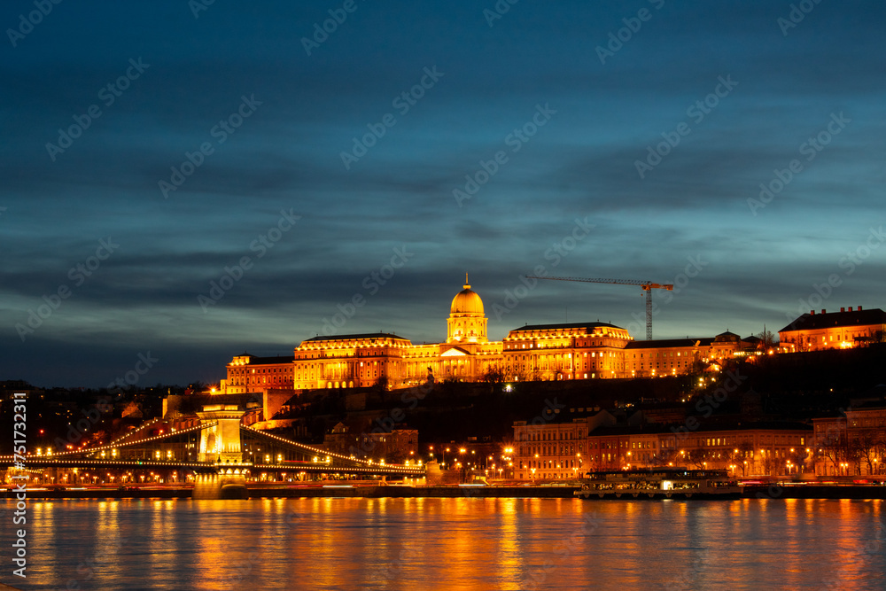 Buda Castle illuminated at night in Budapest, Hungary