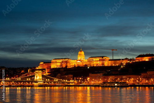 Buda Castle illuminated at night in Budapest, Hungary