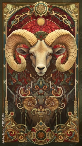 zodiac aries ram, massive & mystical, embodies the zodiac sign. artwork in Art Nouveau style, Ethereal in the cosmos, a symbol for astrology & fortune.
