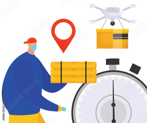 Delivery man package, drone flying box, location pin above. Logistics modern delivery service vector illustration