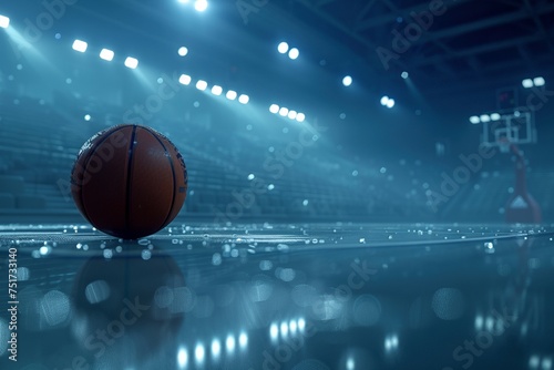 a basketball ball resting on the polished floor of a basketball arena, viewed from a low angle under dim lights. The dark blue atmosphere sets the stage for an immensely detailed scene photo