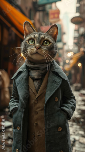Sleek cat struts with feline grace in a tailored ensemble, embodying street style. The realistic urban backdrop captures the essence of chic sophistication, blending whiskered charm with contemporary 