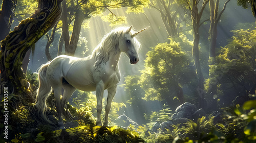 Capture the mystical aura of a unicorns eyes in the midst of an ancient forest filled with enchanting secrets