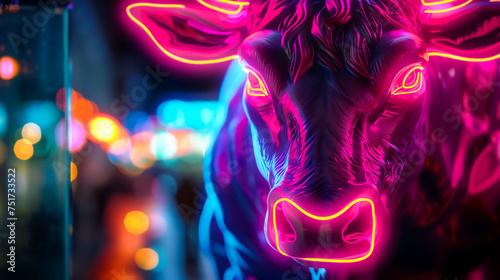 Close up of a neon lit bull symbolizing a bullish financial market