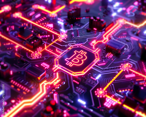 Detailed depiction of a circuit board patterned with Bitcoin icons and neon lights creating a captivating and technologically inspired visual