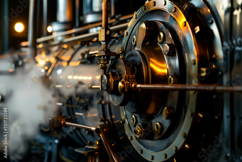 Steam machinery interacting with futuristic technology Close up