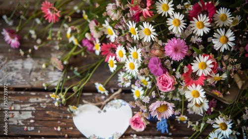 A bouquet of flowers and a heart shaped sign that says mom you