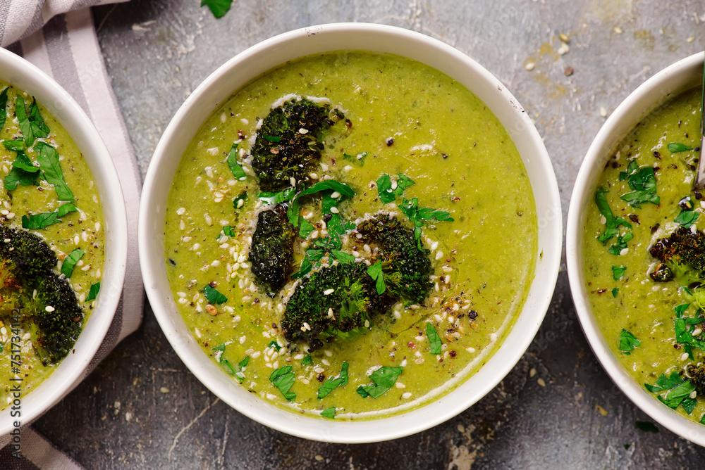 Roasted broccoli soup with melted cheddar croutons.style hugge.selective focus Roasted broccoli soup with melted cheddar croutons.style hugge.selective focus