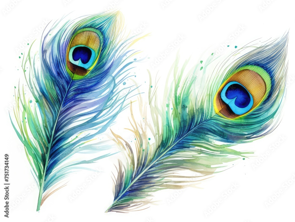 Obraz premium Watercolor Peacock Feather Isolated, Aquarelle Plumage, Creative Watercolor Exotic Feather Texture