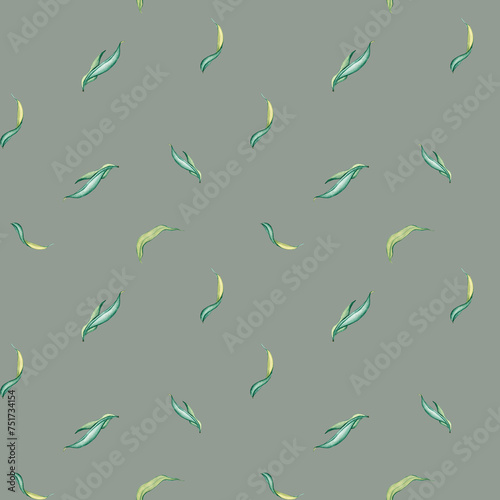Watercolor Seamless Pattern fresh Foliage weeping Willow Tree. Nature Landscape, simple Tree Branches with green Leaves isolated on white. Hand drawn botanical illustration green tones