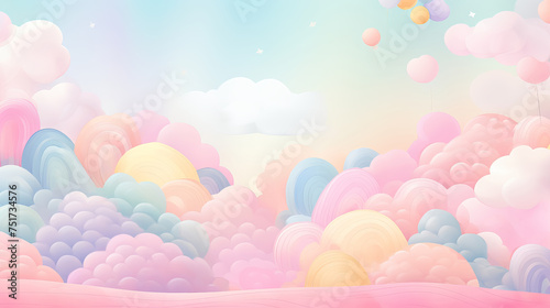 Background in pastel colors for children with clouds, balls, and flying air balloons.