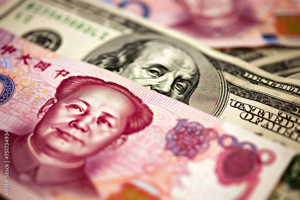 Chinese Yuan and US Dollar Banknotes Close-up - obrazy, fototapety, plakaty 