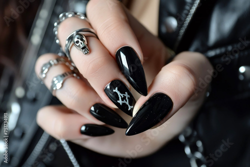 A woman's hand holding a guitar pick, with long nails in a black color and a skull and crossbones design on her middle finger