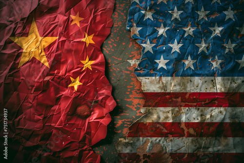 Tattered Flags of China and the USA - International Relations