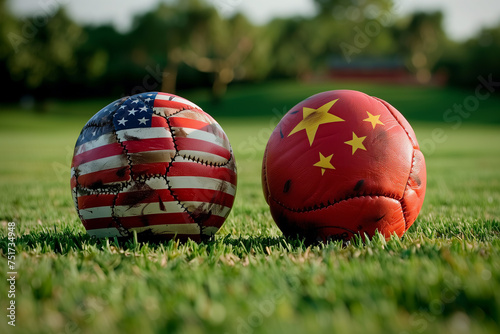 Sports Balls with USA and China Flags on Field