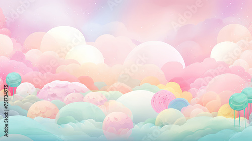 Background in pastel colors for children with clouds, balls, and flying air balloons.
