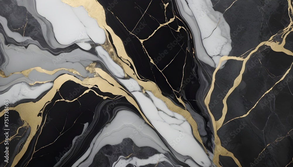 Black, white and gols marble tile texture sample - obrazy, fototapety, plakaty 